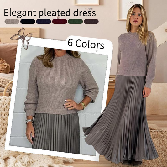 Women's Solid Color Long Sleeve Jumper & Pleated Bottom Dress